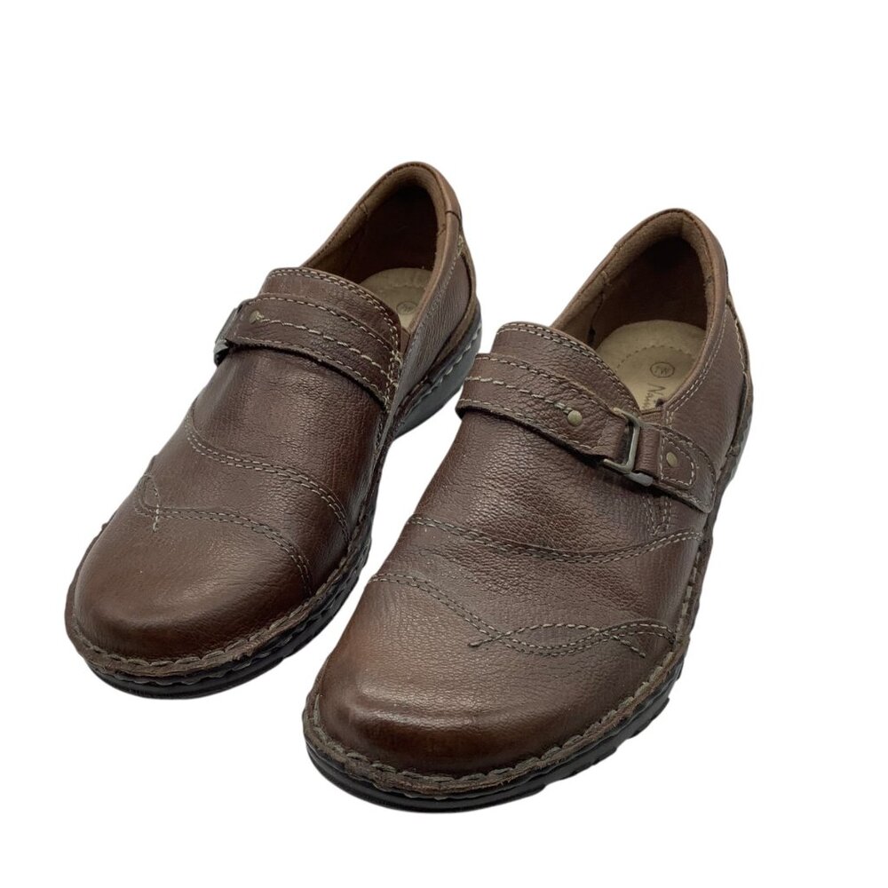 Nature Walk Brown Leather Loafers Slip-On Shoes Buckle Detail Women Size 7 Wide